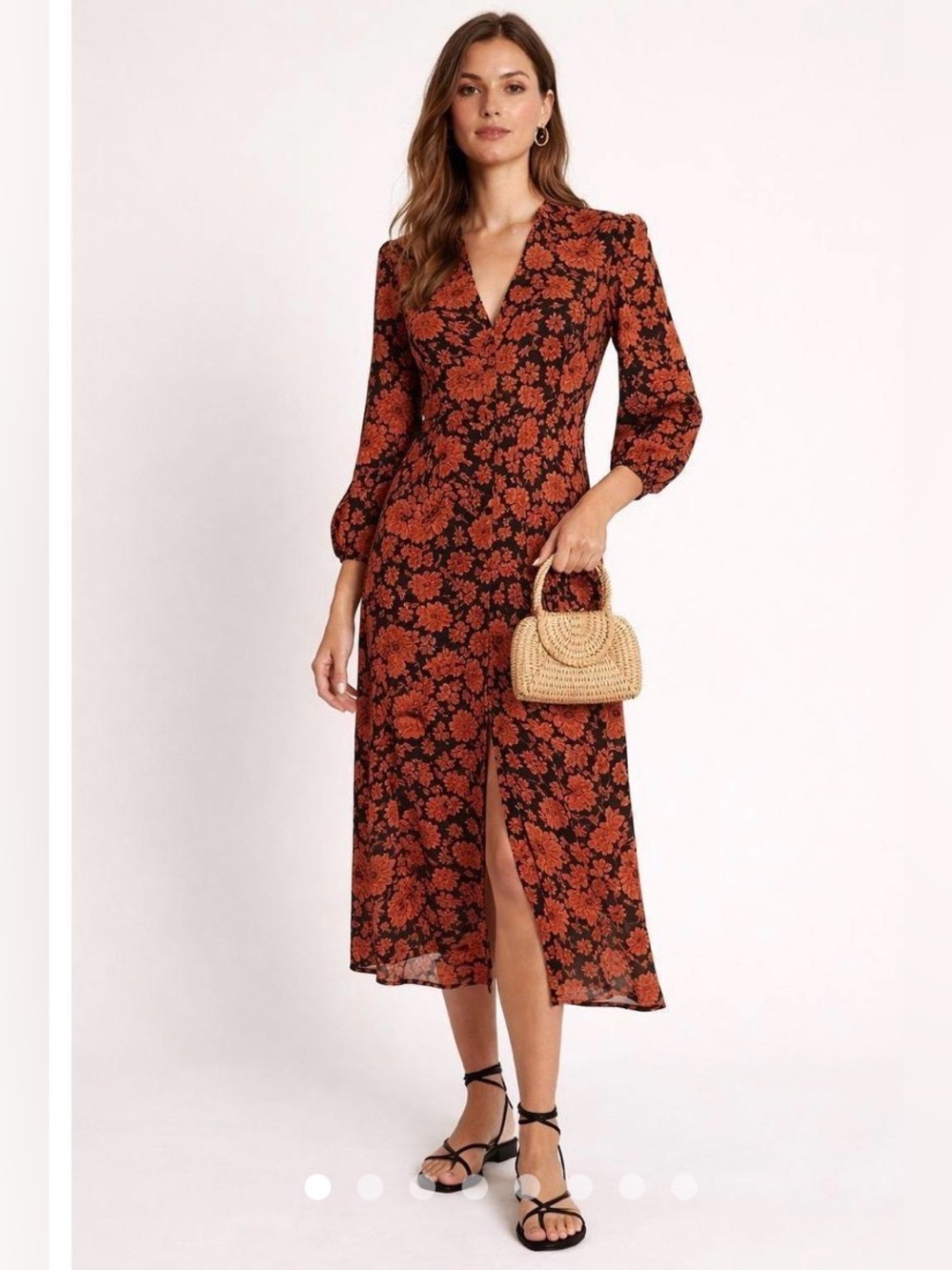 ba&sh “Aline in Brique” Floral Button-Down Midi Dress in Rust and Black